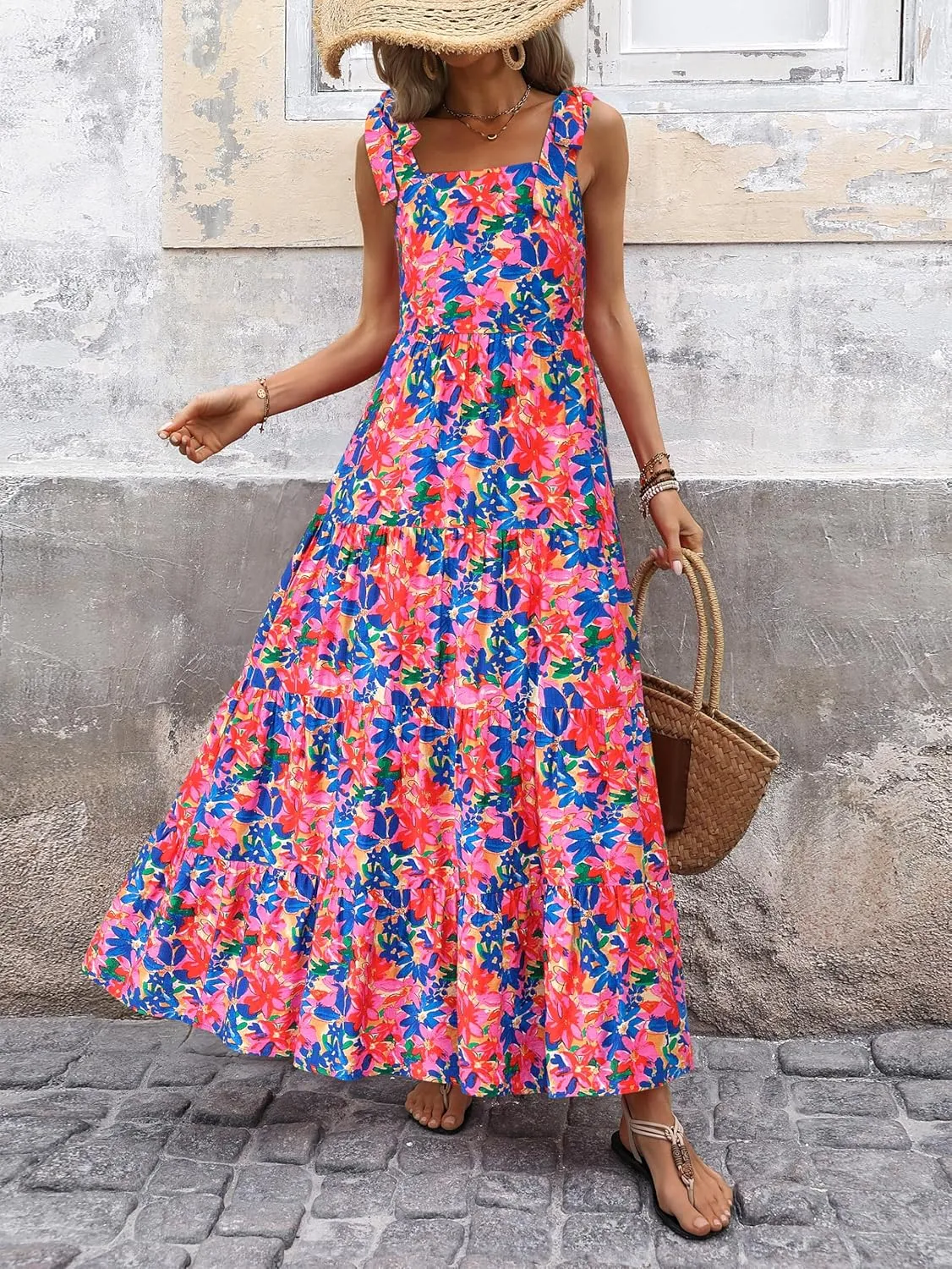 PRETTYGARDEN Womens Dresses 2025 Summer Sleeveless Maxi Dress Square Neck Floral Spaghetti Strap Aline Flowy Beach Long Dress