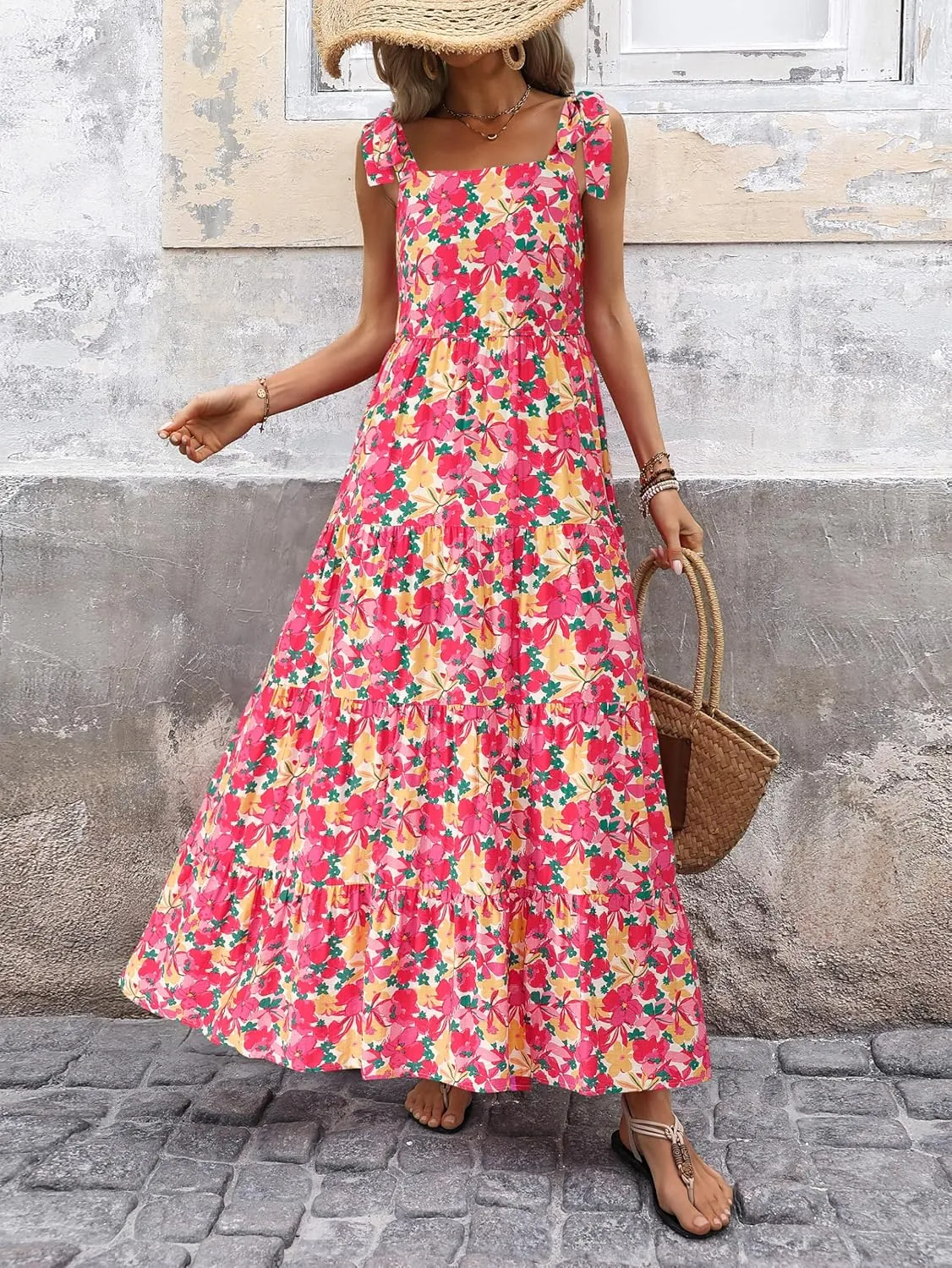 PRETTYGARDEN Womens Dresses 2025 Summer Sleeveless Maxi Dress Square Neck Floral Spaghetti Strap Aline Flowy Beach Long Dress