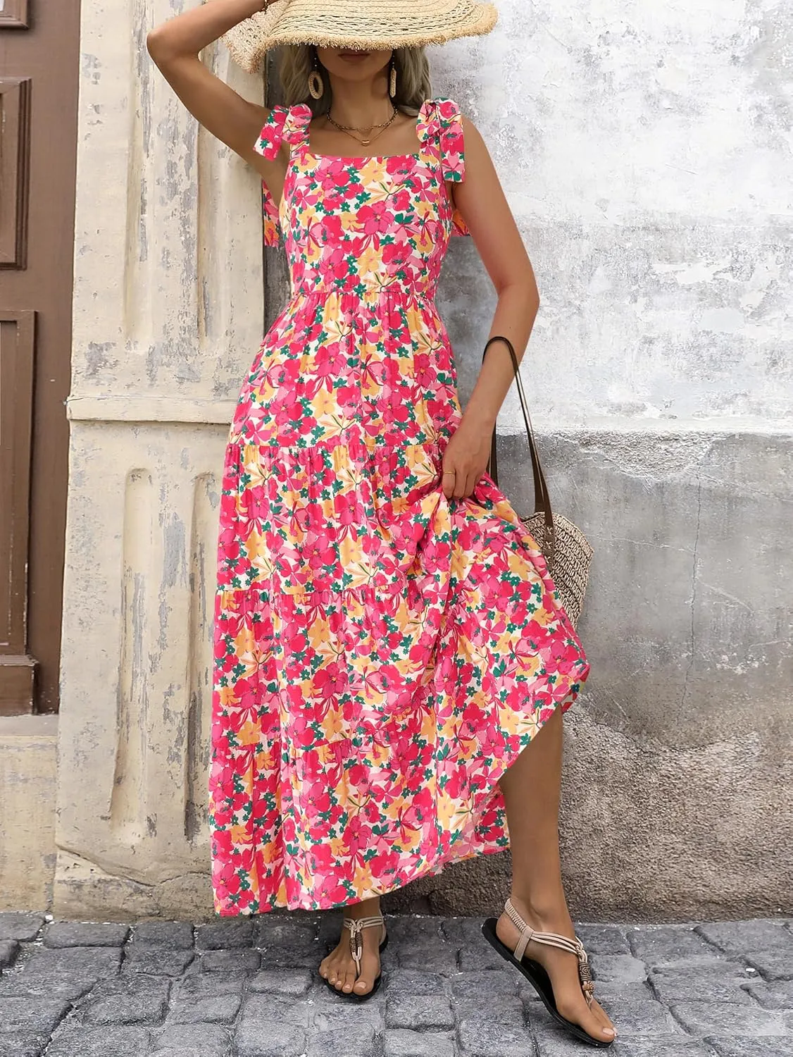 PRETTYGARDEN Womens Dresses 2025 Summer Sleeveless Maxi Dress Square Neck Floral Spaghetti Strap Aline Flowy Beach Long Dress
