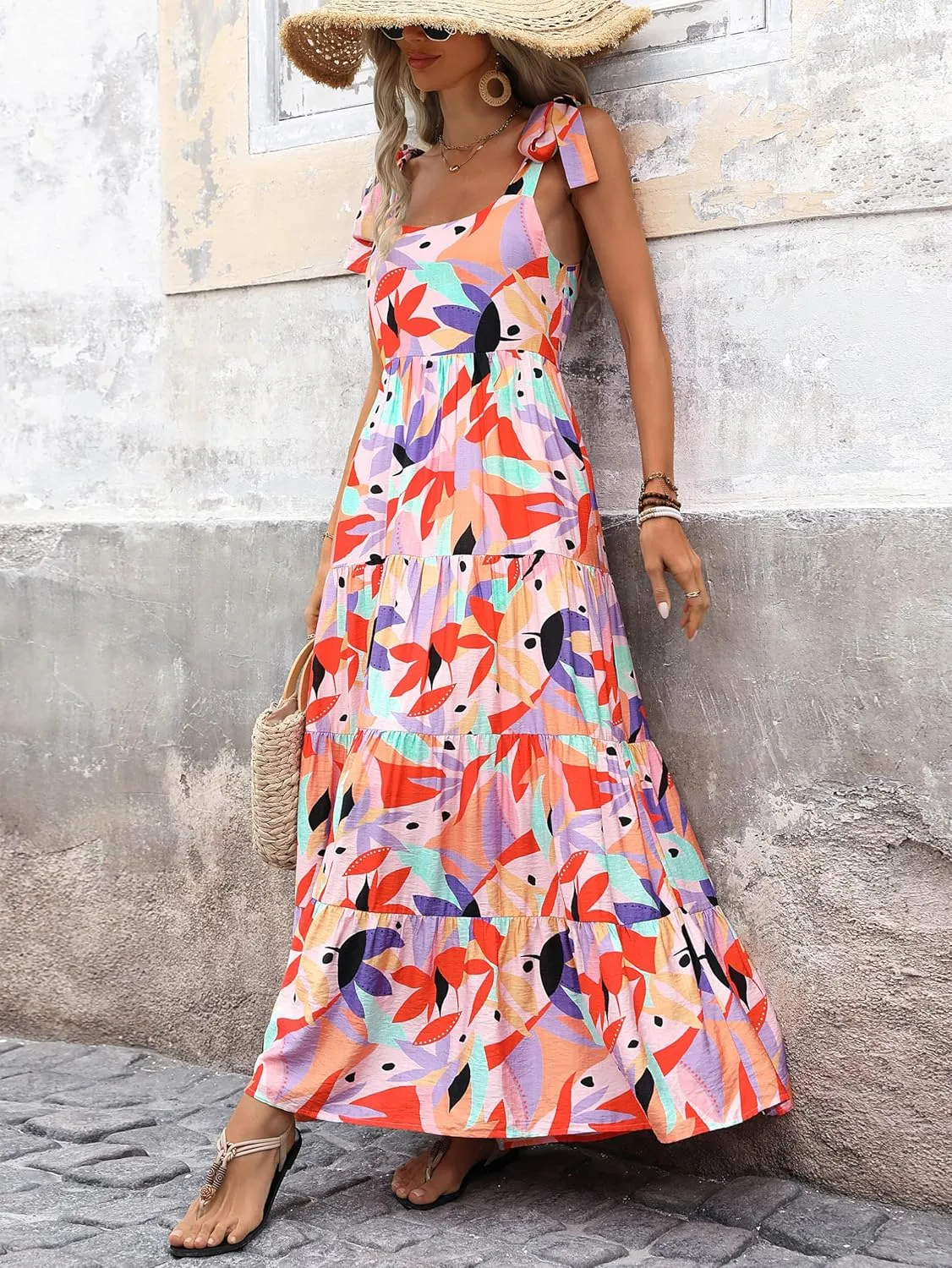 PRETTYGARDEN Womens Dresses 2025 Summer Sleeveless Maxi Dress Square Neck Floral Spaghetti Strap Aline Flowy Beach Long Dress