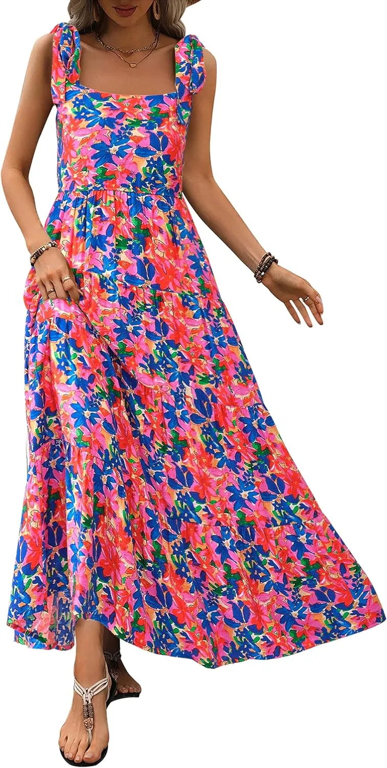 PRETTYGARDEN Womens Dresses 2025 Summer Sleeveless Maxi Dress Square Neck Floral Spaghetti Strap Aline Flowy Beach Long Dress