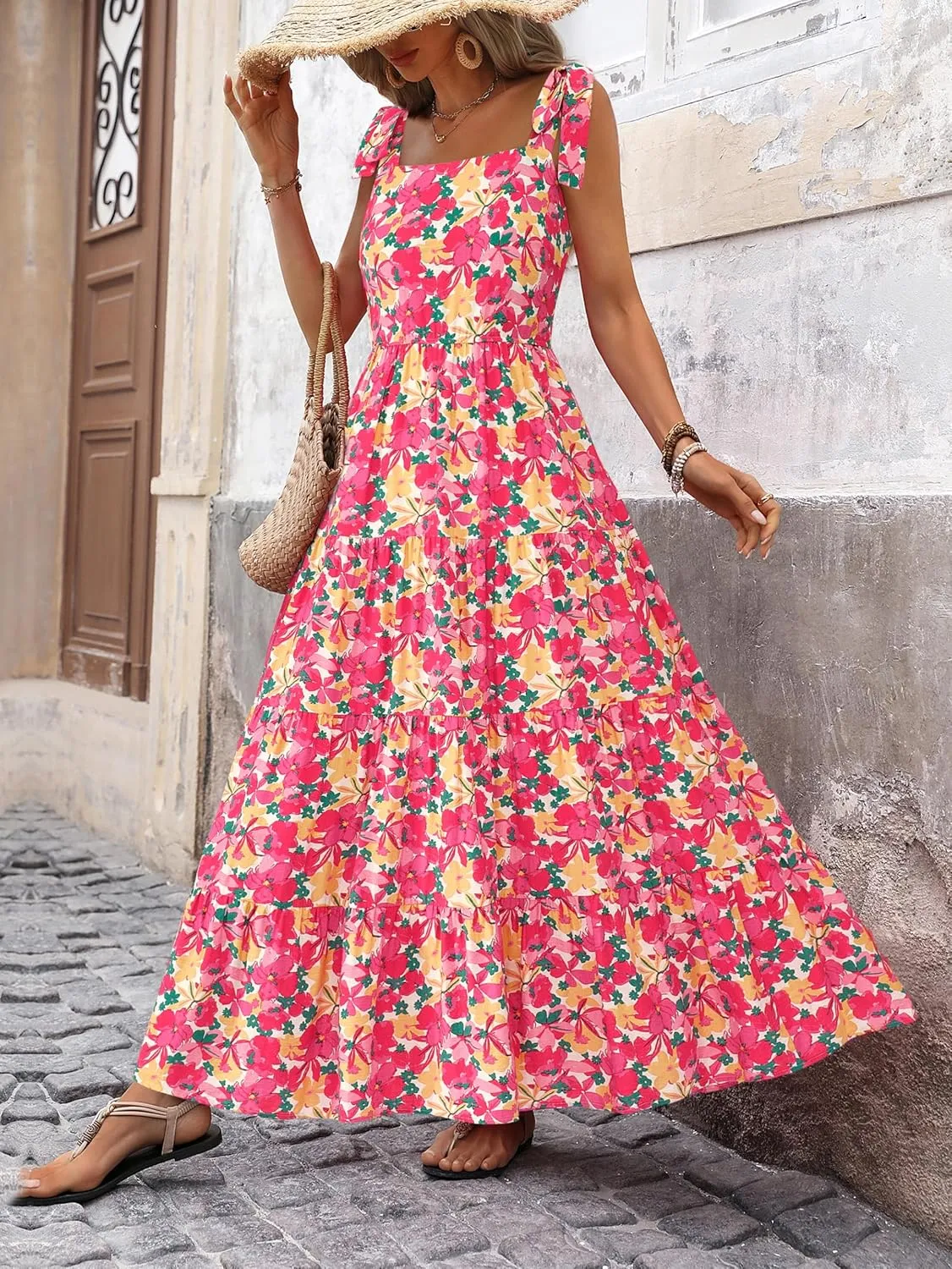 PRETTYGARDEN Womens Dresses 2025 Summer Sleeveless Maxi Dress Square Neck Floral Spaghetti Strap Aline Flowy Beach Long Dress