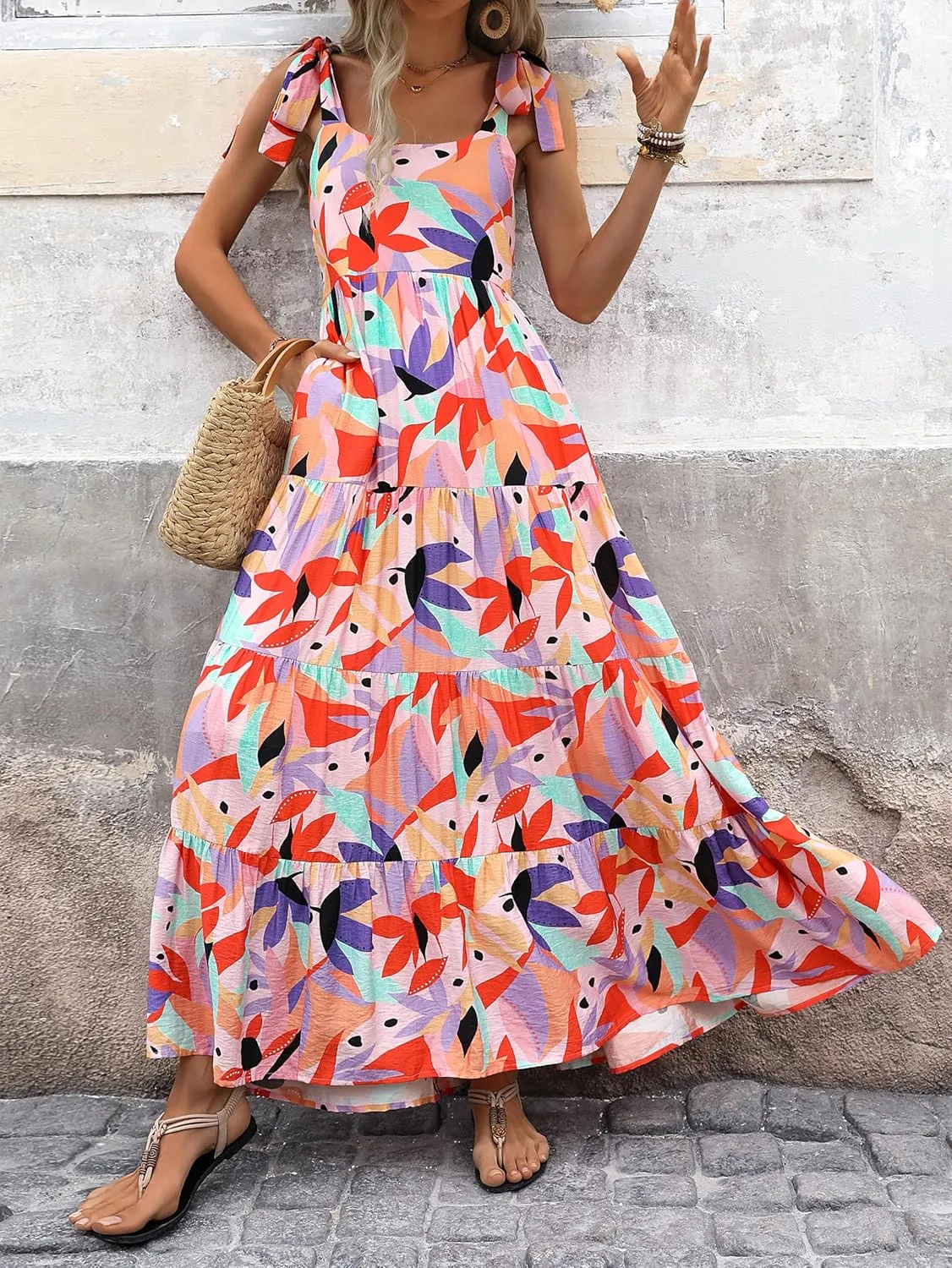 PRETTYGARDEN Womens Dresses 2025 Summer Sleeveless Maxi Dress Square Neck Floral Spaghetti Strap Aline Flowy Beach Long Dress