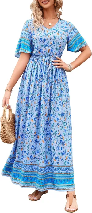 PRETTYGARDEN Women's Summer Boho Floral Dress Casual Beach Vacation Sundress V Neck Short Sleeve Long Maxi Dresses