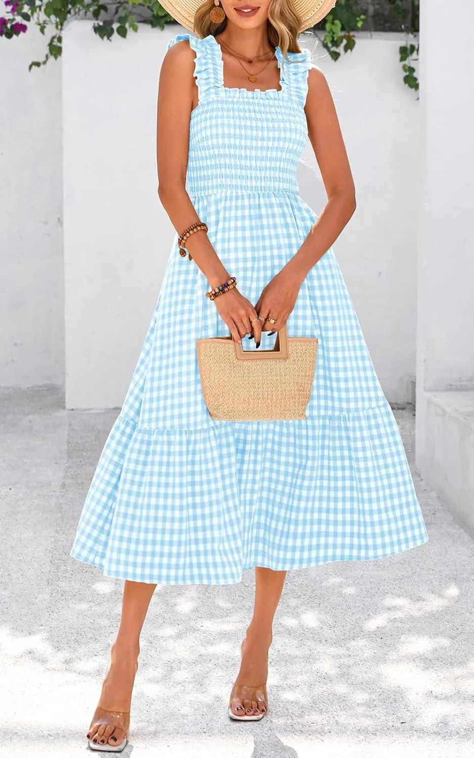 PRETTYGARDEN Womens Summer Dress Casual Square Neck Ruffle Strap Gingham Smocked Midi Flowy A Line Beach Vacation Sun Dresses