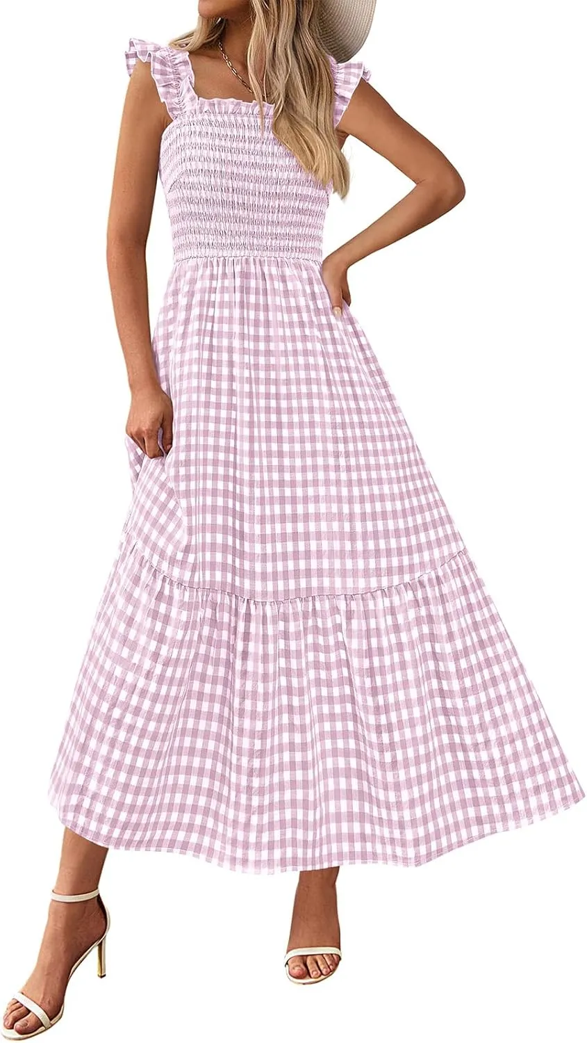 PRETTYGARDEN Womens Summer Dress Casual Square Neck Ruffle Strap Gingham Smocked Midi Flowy A Line Beach Vacation Sun Dresses