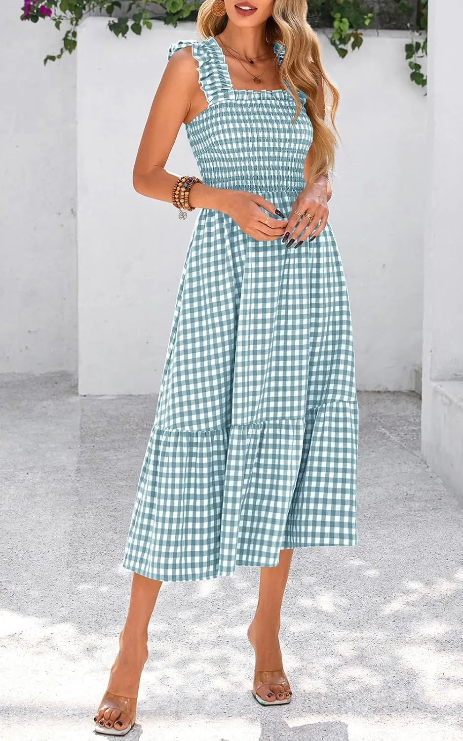 PRETTYGARDEN Womens Summer Dress Casual Square Neck Ruffle Strap Gingham Smocked Midi Flowy A Line Beach Vacation Sun Dresses