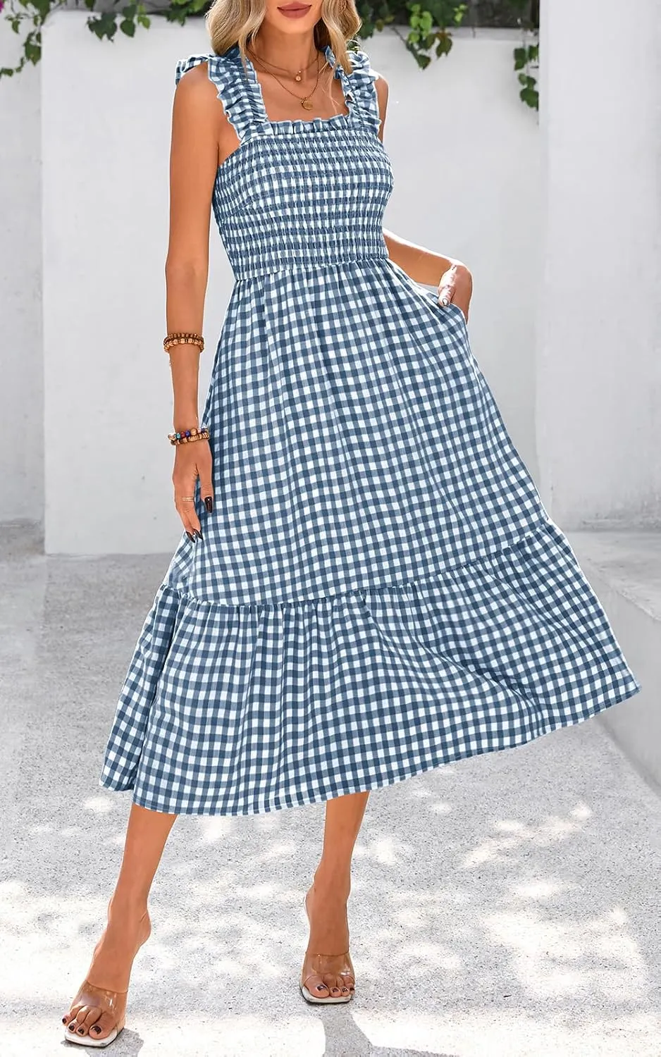 PRETTYGARDEN Womens Summer Dress Casual Square Neck Ruffle Strap Gingham Smocked Midi Flowy A Line Beach Vacation Sun Dresses