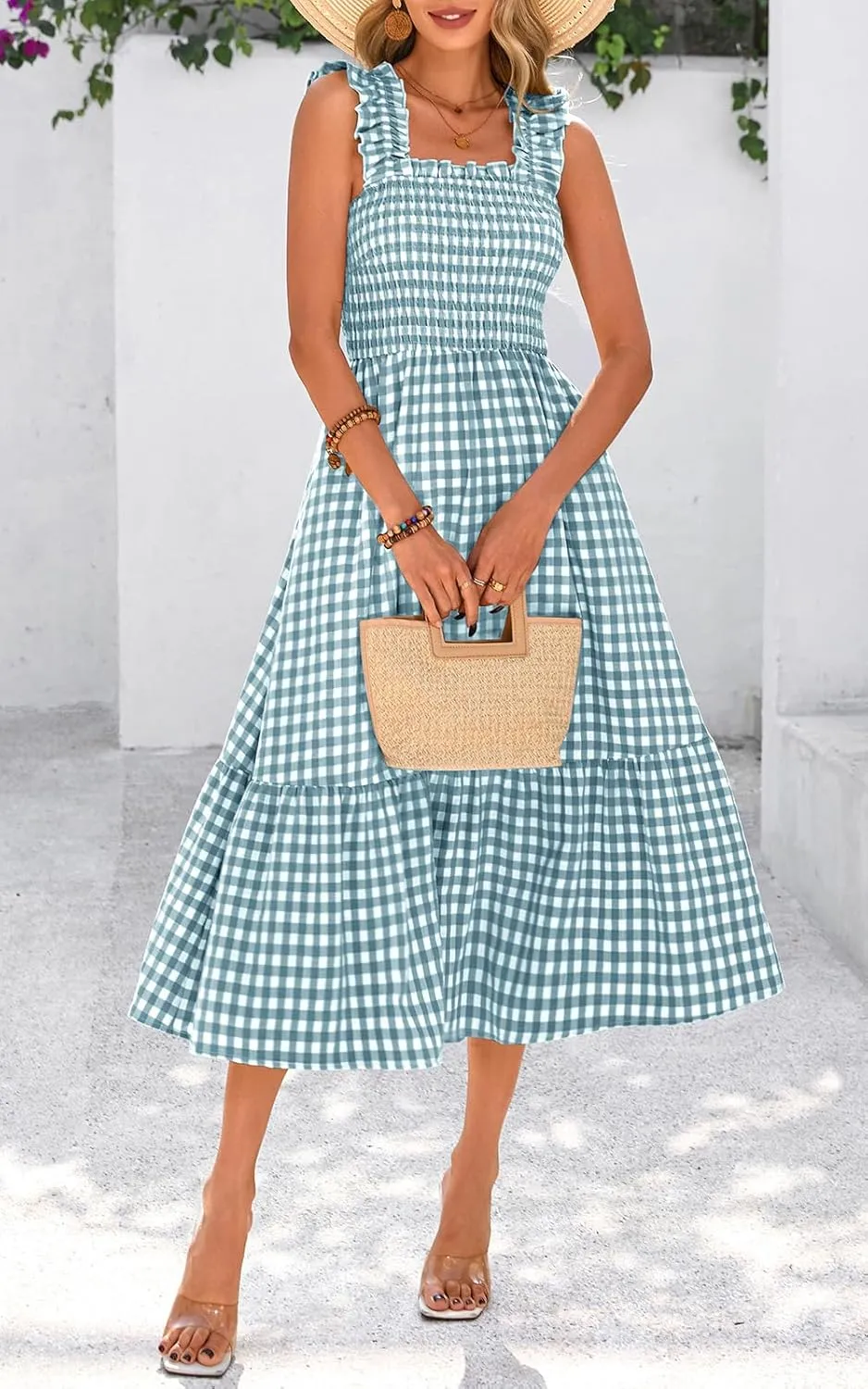 PRETTYGARDEN Womens Summer Dress Casual Square Neck Ruffle Strap Gingham Smocked Midi Flowy A Line Beach Vacation Sun Dresses