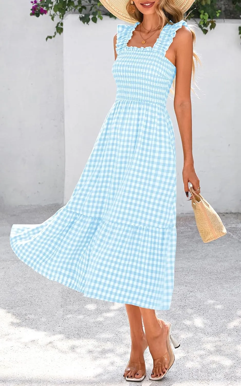 PRETTYGARDEN Womens Summer Dress Casual Square Neck Ruffle Strap Gingham Smocked Midi Flowy A Line Beach Vacation Sun Dresses