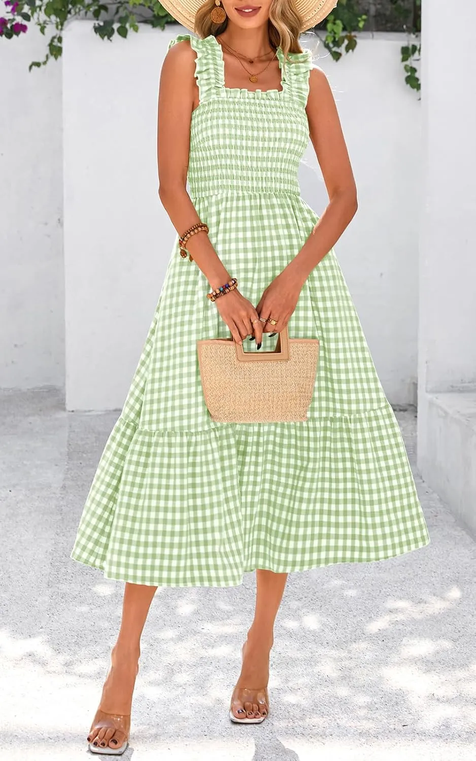 PRETTYGARDEN Womens Summer Dress Casual Square Neck Ruffle Strap Gingham Smocked Midi Flowy A Line Beach Vacation Sun Dresses
