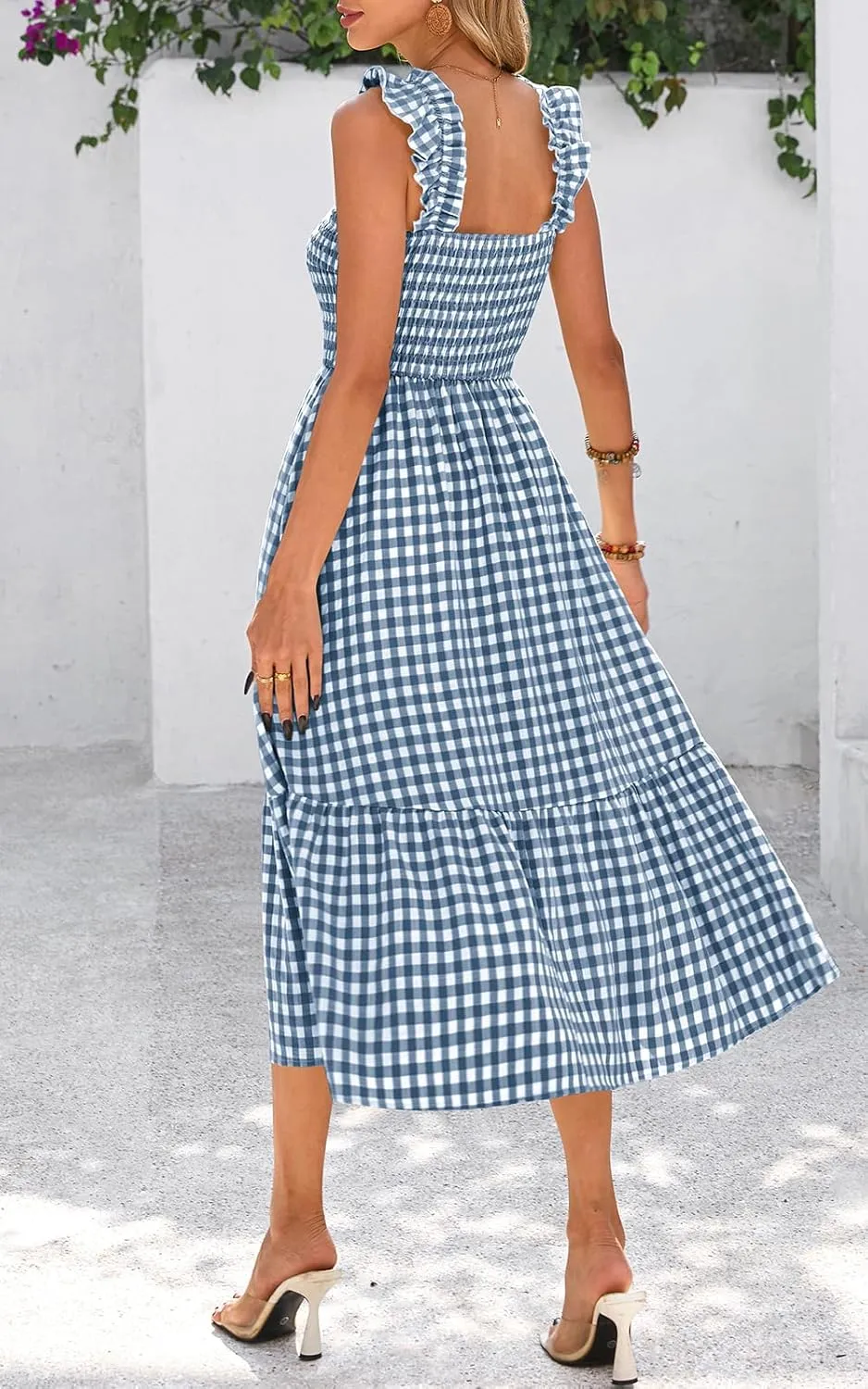 PRETTYGARDEN Womens Summer Dress Casual Square Neck Ruffle Strap Gingham Smocked Midi Flowy A Line Beach Vacation Sun Dresses
