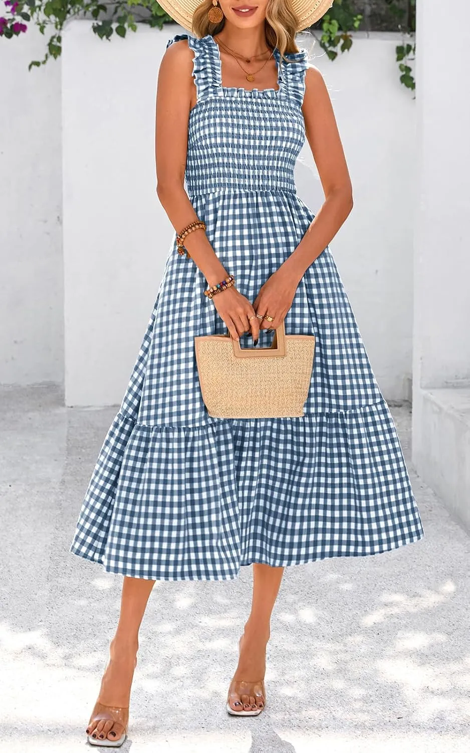 PRETTYGARDEN Womens Summer Dress Casual Square Neck Ruffle Strap Gingham Smocked Midi Flowy A Line Beach Vacation Sun Dresses
