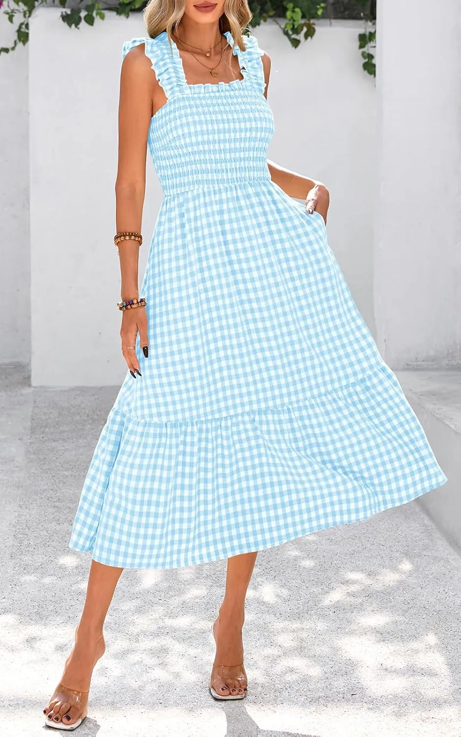 PRETTYGARDEN Womens Summer Dress Casual Square Neck Ruffle Strap Gingham Smocked Midi Flowy A Line Beach Vacation Sun Dresses
