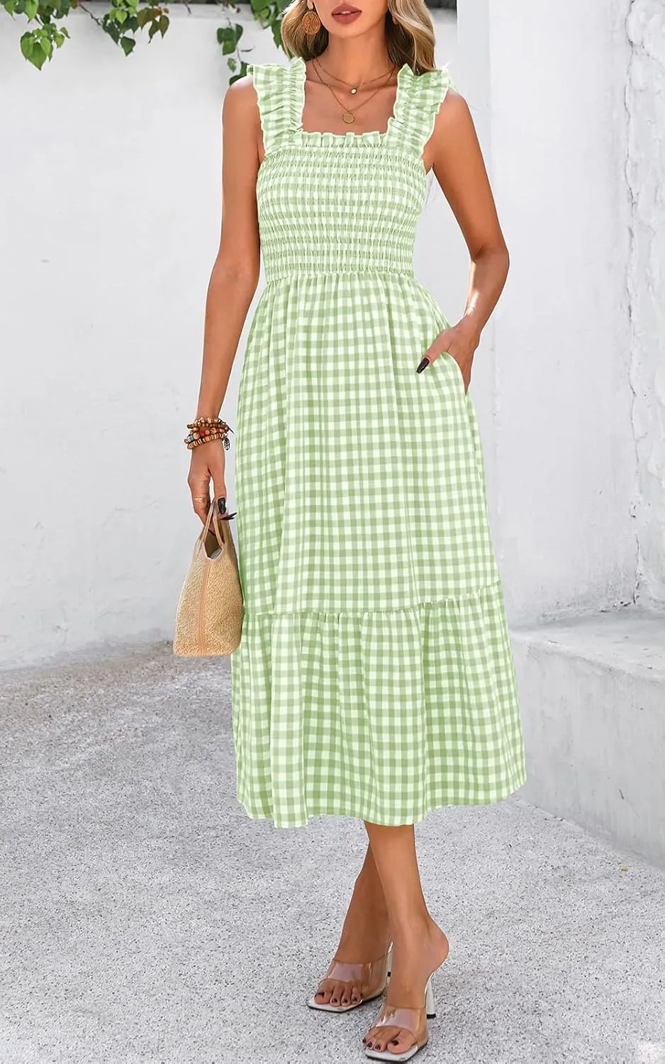 PRETTYGARDEN Womens Summer Dress Casual Square Neck Ruffle Strap Gingham Smocked Midi Flowy A Line Beach Vacation Sun Dresses