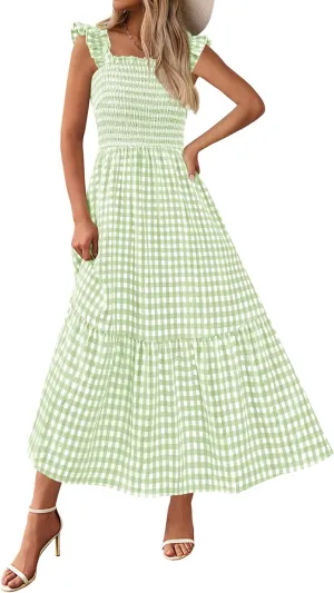 PRETTYGARDEN Womens Summer Dress Casual Square Neck Ruffle Strap Gingham Smocked Midi Flowy A Line Beach Vacation Sun Dresses