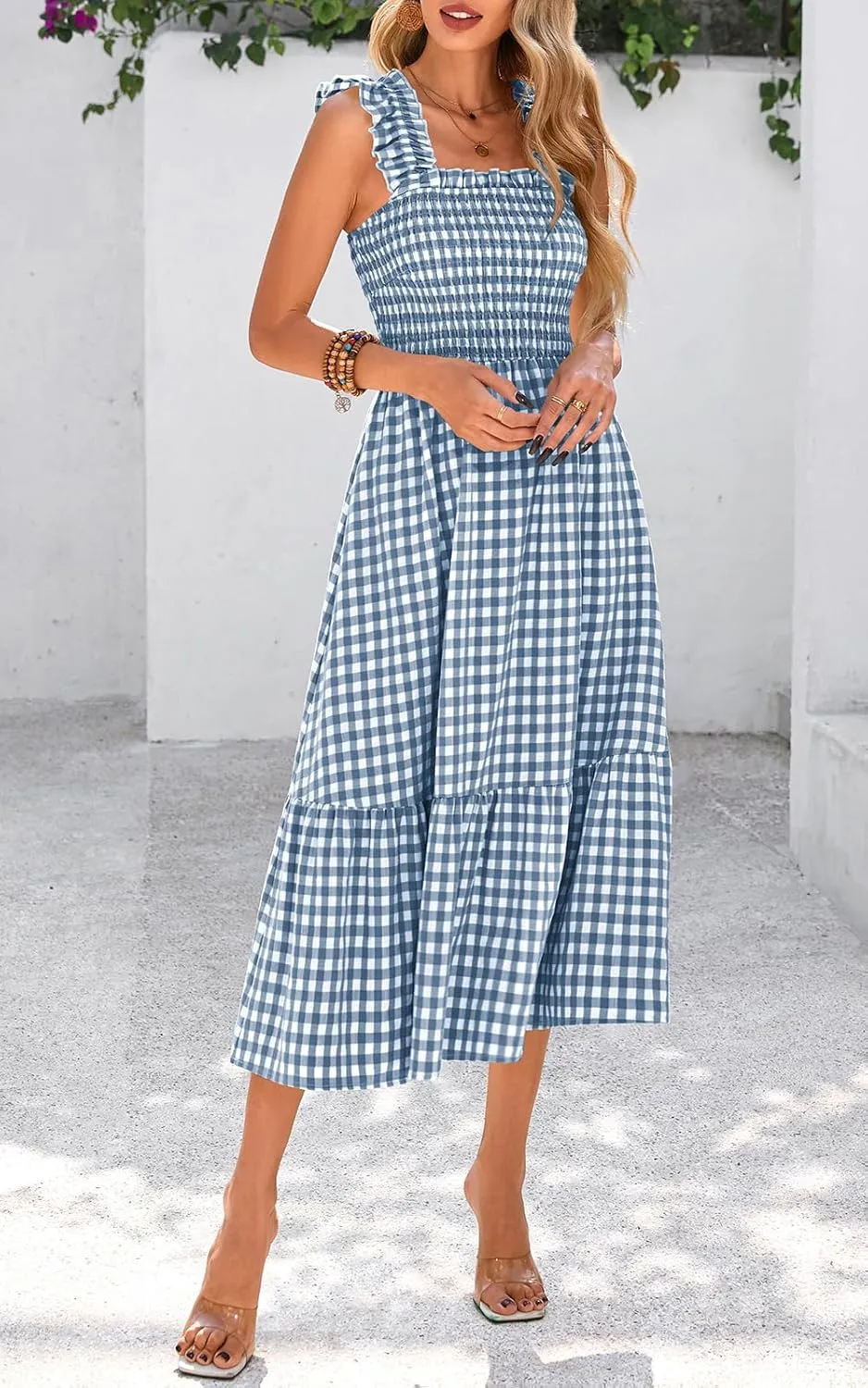 PRETTYGARDEN Womens Summer Dress Casual Square Neck Ruffle Strap Gingham Smocked Midi Flowy A Line Beach Vacation Sun Dresses