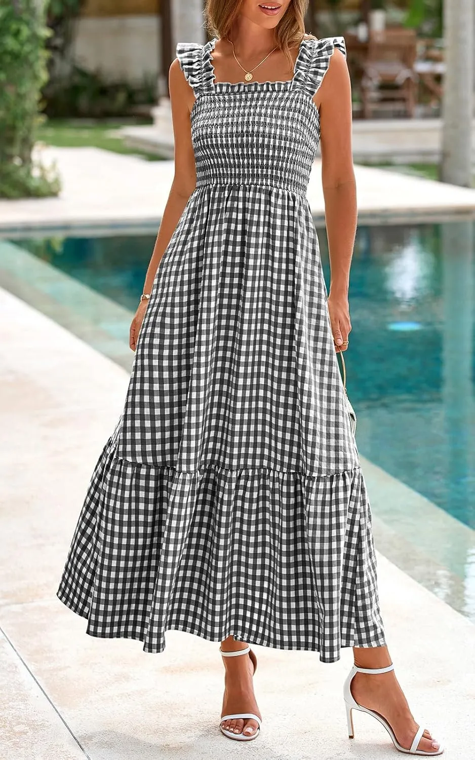 PRETTYGARDEN Womens Summer Dress Casual Square Neck Ruffle Strap Gingham Smocked Midi Flowy A Line Beach Vacation Sun Dresses