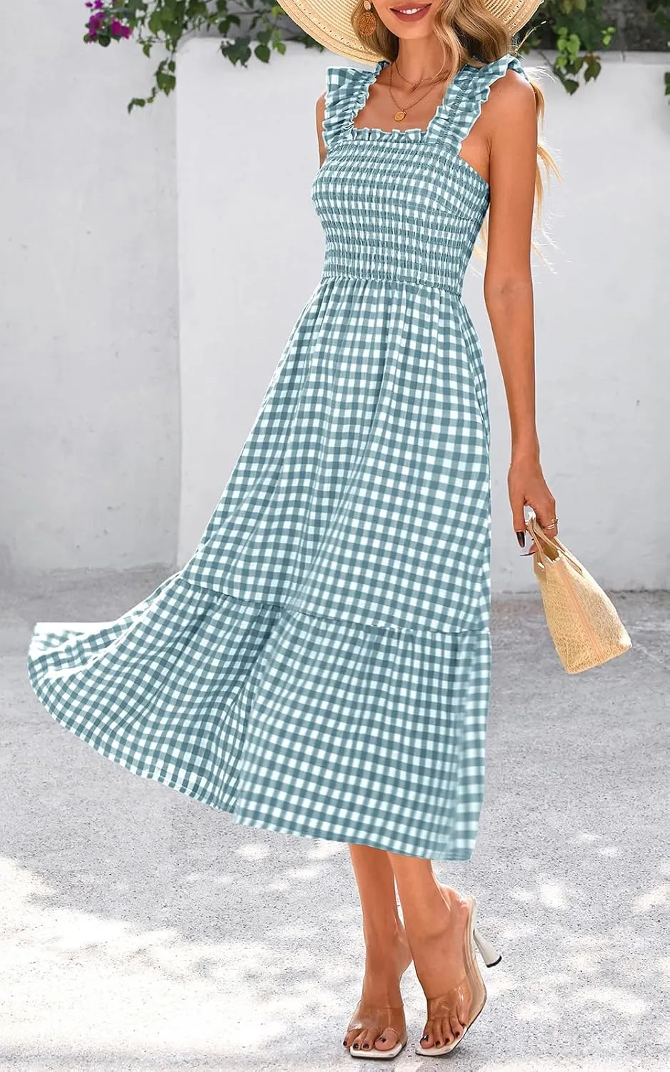 PRETTYGARDEN Womens Summer Dress Casual Square Neck Ruffle Strap Gingham Smocked Midi Flowy A Line Beach Vacation Sun Dresses