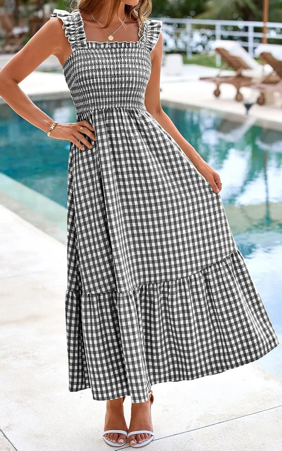 PRETTYGARDEN Womens Summer Dress Casual Square Neck Ruffle Strap Gingham Smocked Midi Flowy A Line Beach Vacation Sun Dresses