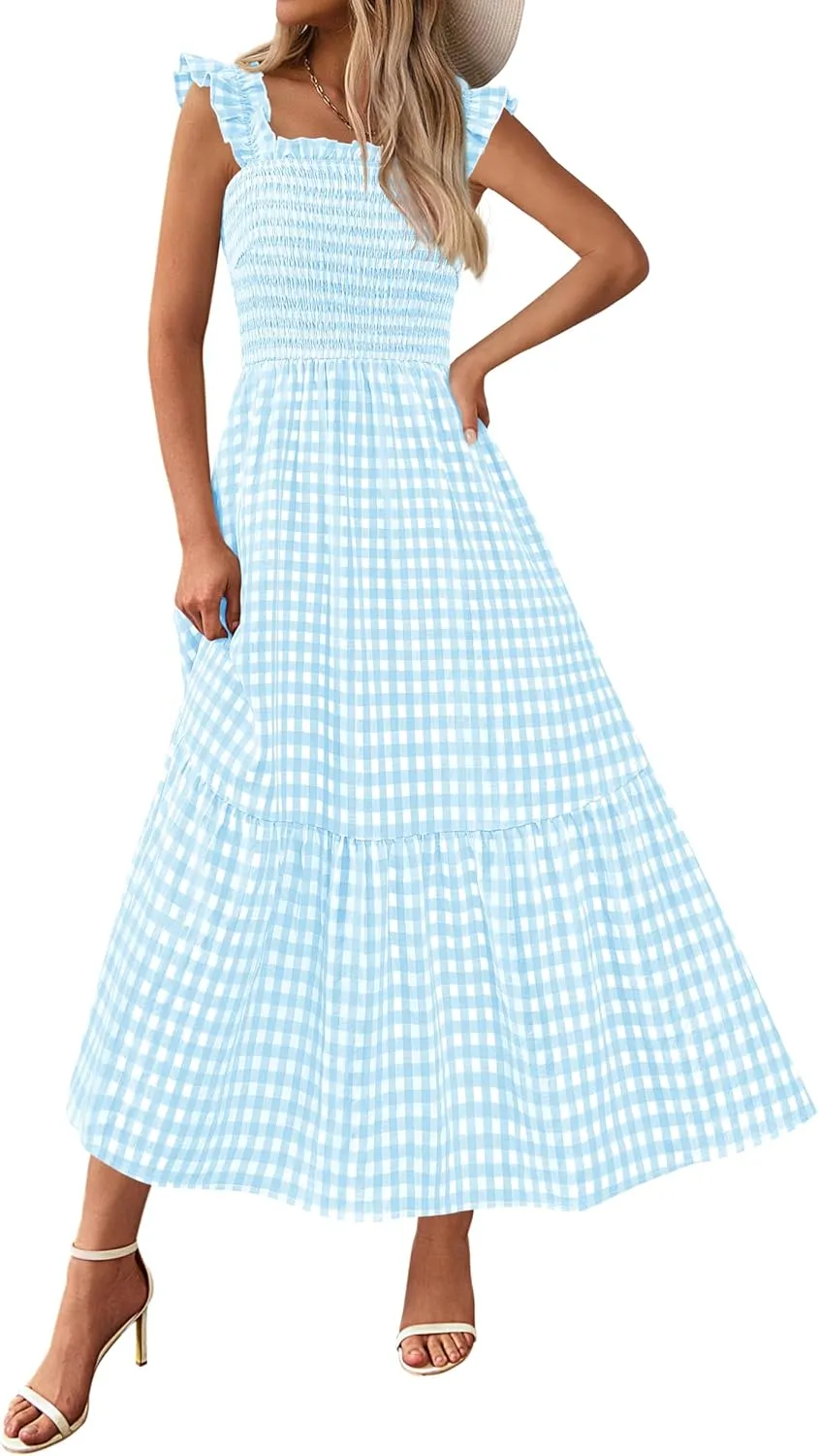 PRETTYGARDEN Womens Summer Dress Casual Square Neck Ruffle Strap Gingham Smocked Midi Flowy A Line Beach Vacation Sun Dresses