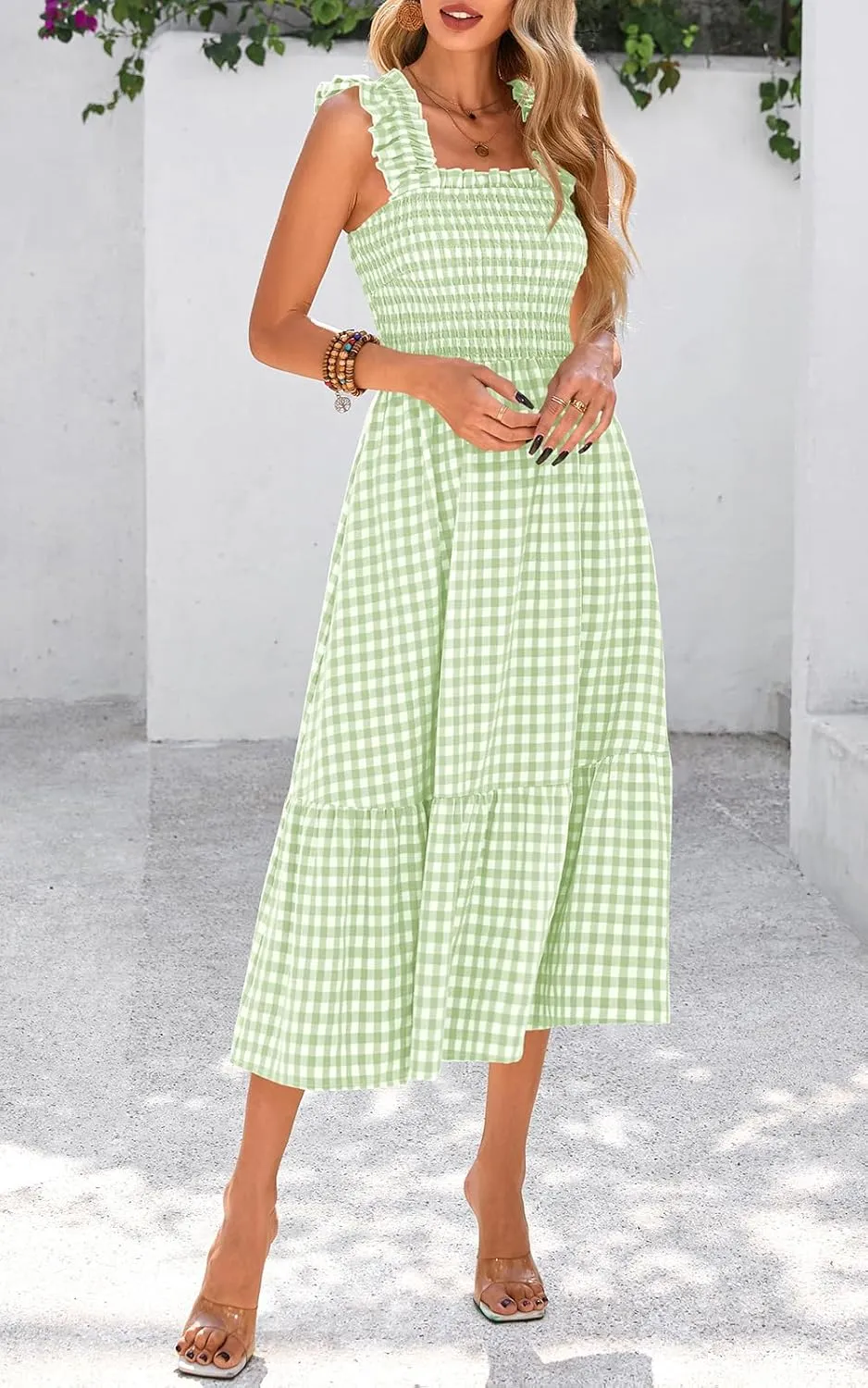 PRETTYGARDEN Womens Summer Dress Casual Square Neck Ruffle Strap Gingham Smocked Midi Flowy A Line Beach Vacation Sun Dresses