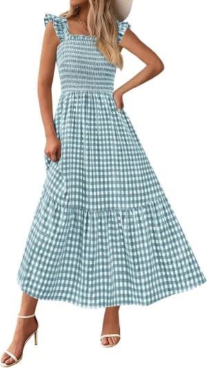 PRETTYGARDEN Womens Summer Dress Casual Square Neck Ruffle Strap Gingham Smocked Midi Flowy A Line Beach Vacation Sun Dresses