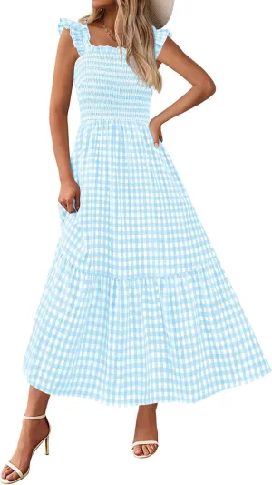 PRETTYGARDEN Womens Summer Dress Casual Square Neck Ruffle Strap Gingham Smocked Midi Flowy A Line Beach Vacation Sun Dresses