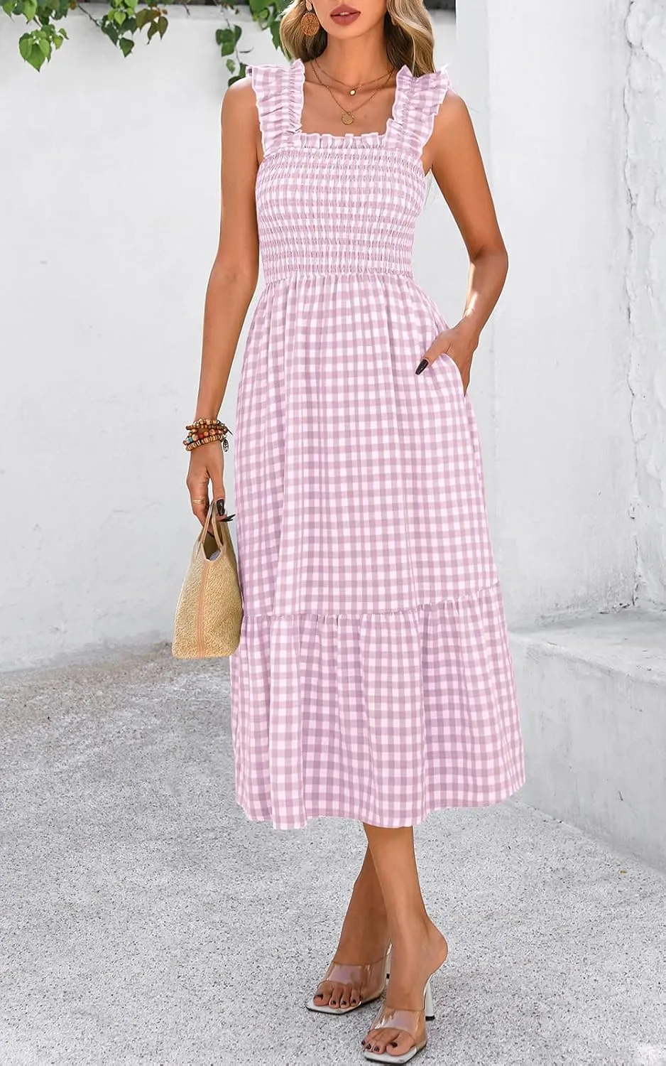 PRETTYGARDEN Womens Summer Dress Casual Square Neck Ruffle Strap Gingham Smocked Midi Flowy A Line Beach Vacation Sun Dresses