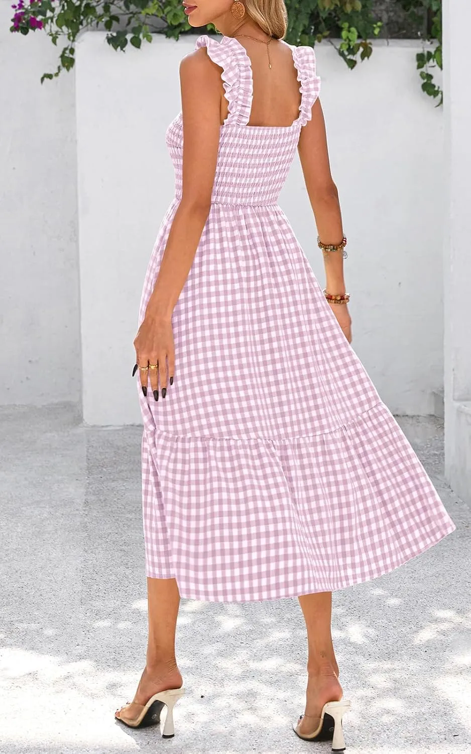 PRETTYGARDEN Womens Summer Dress Casual Square Neck Ruffle Strap Gingham Smocked Midi Flowy A Line Beach Vacation Sun Dresses