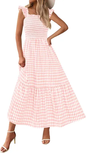 PRETTYGARDEN Womens Summer Dress Casual Square Neck Ruffle Strap Gingham Smocked Midi Flowy A Line Beach Vacation Sun Dresses