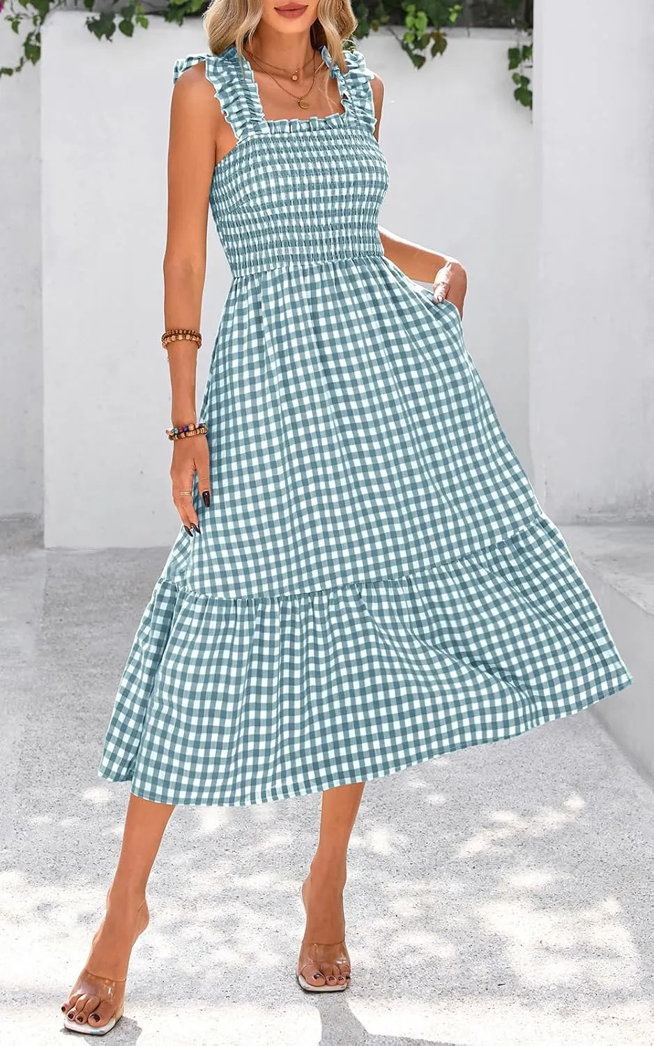 PRETTYGARDEN Womens Summer Dress Casual Square Neck Ruffle Strap Gingham Smocked Midi Flowy A Line Beach Vacation Sun Dresses