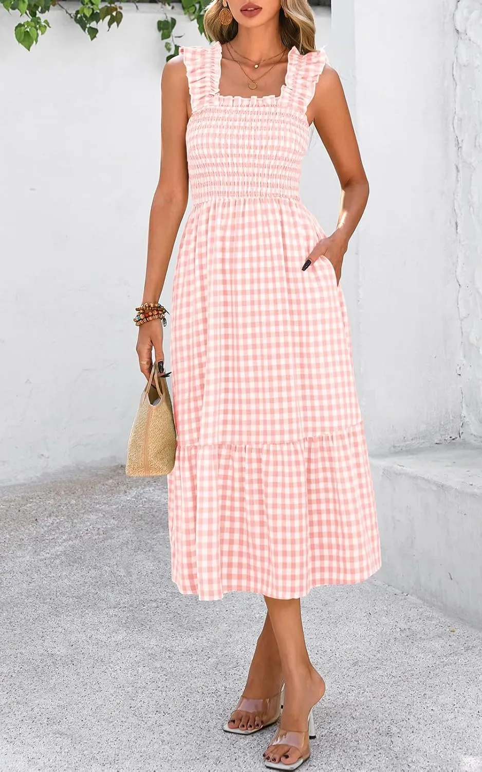 PRETTYGARDEN Womens Summer Dress Casual Square Neck Ruffle Strap Gingham Smocked Midi Flowy A Line Beach Vacation Sun Dresses
