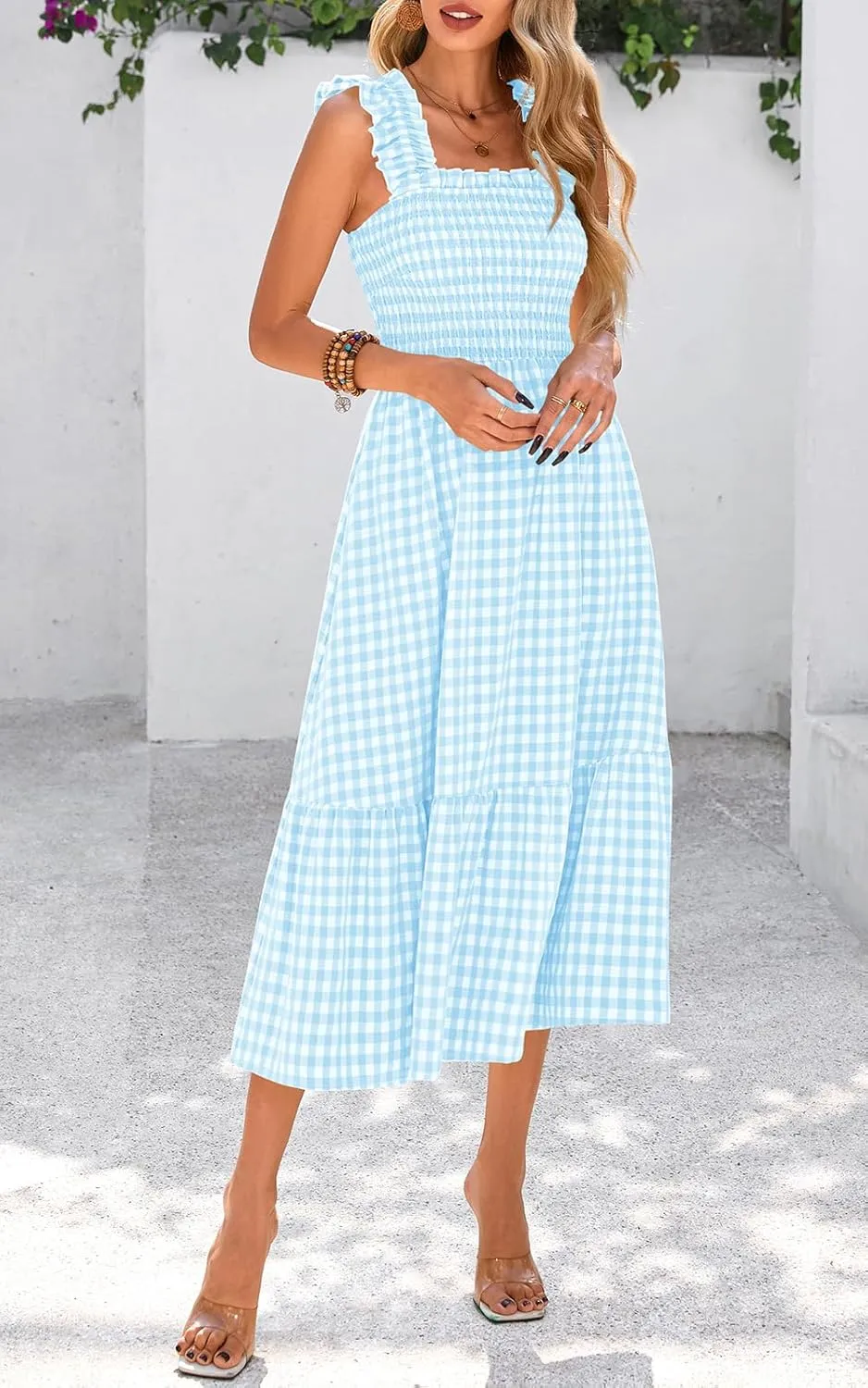 PRETTYGARDEN Womens Summer Dress Casual Square Neck Ruffle Strap Gingham Smocked Midi Flowy A Line Beach Vacation Sun Dresses