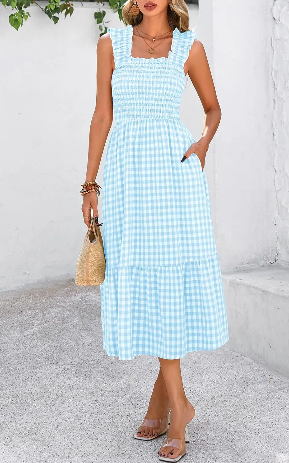 PRETTYGARDEN Womens Summer Dress Casual Square Neck Ruffle Strap Gingham Smocked Midi Flowy A Line Beach Vacation Sun Dresses
