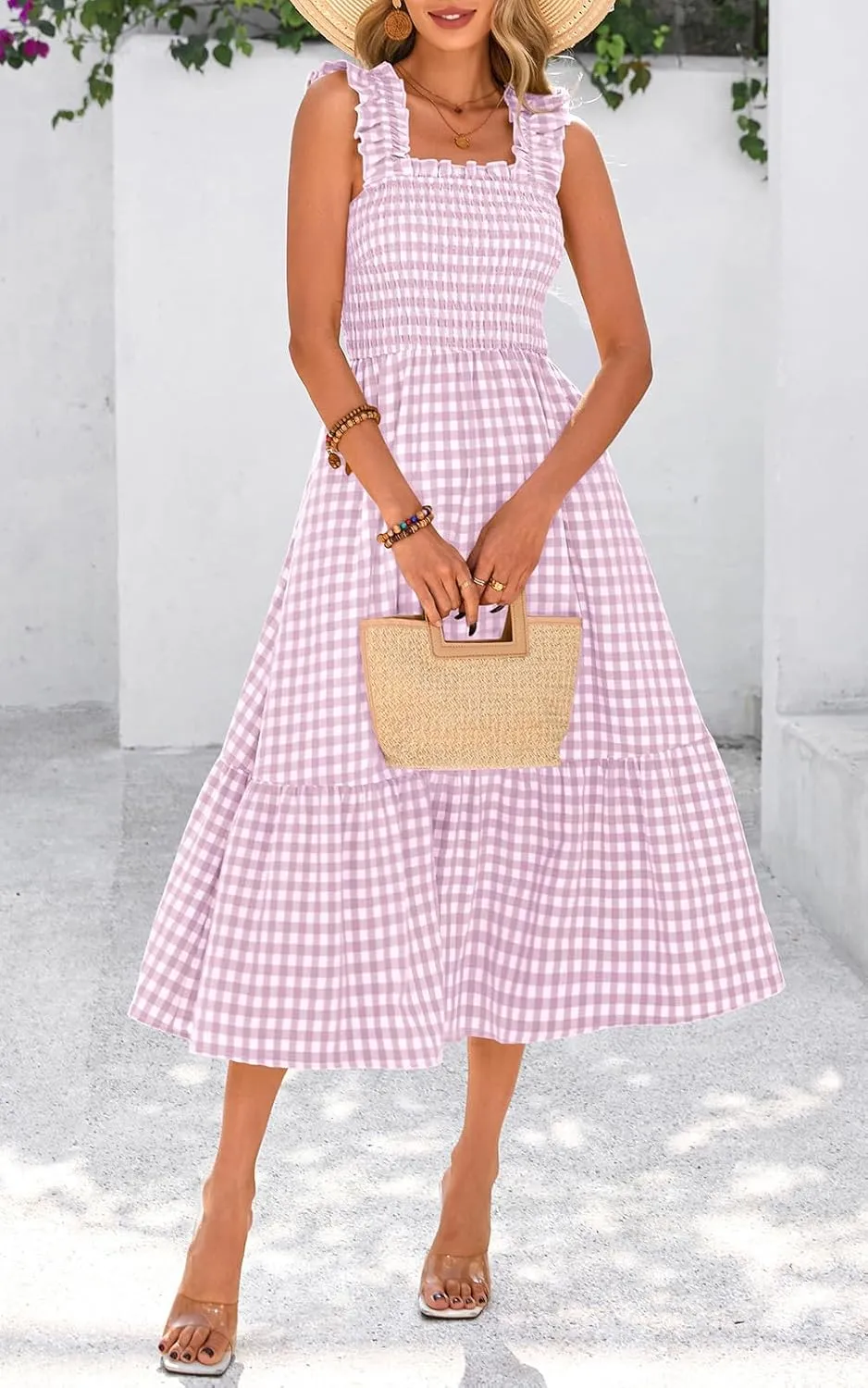 PRETTYGARDEN Womens Summer Dress Casual Square Neck Ruffle Strap Gingham Smocked Midi Flowy A Line Beach Vacation Sun Dresses