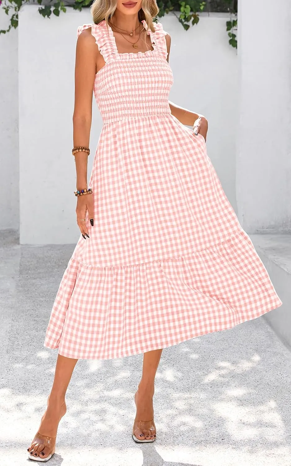 PRETTYGARDEN Womens Summer Dress Casual Square Neck Ruffle Strap Gingham Smocked Midi Flowy A Line Beach Vacation Sun Dresses
