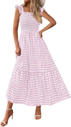 PRETTYGARDEN Womens Summer Dress Casual Square Neck Ruffle Strap Gingham Smocked Midi Flowy A Line Beach Vacation Sun Dresses