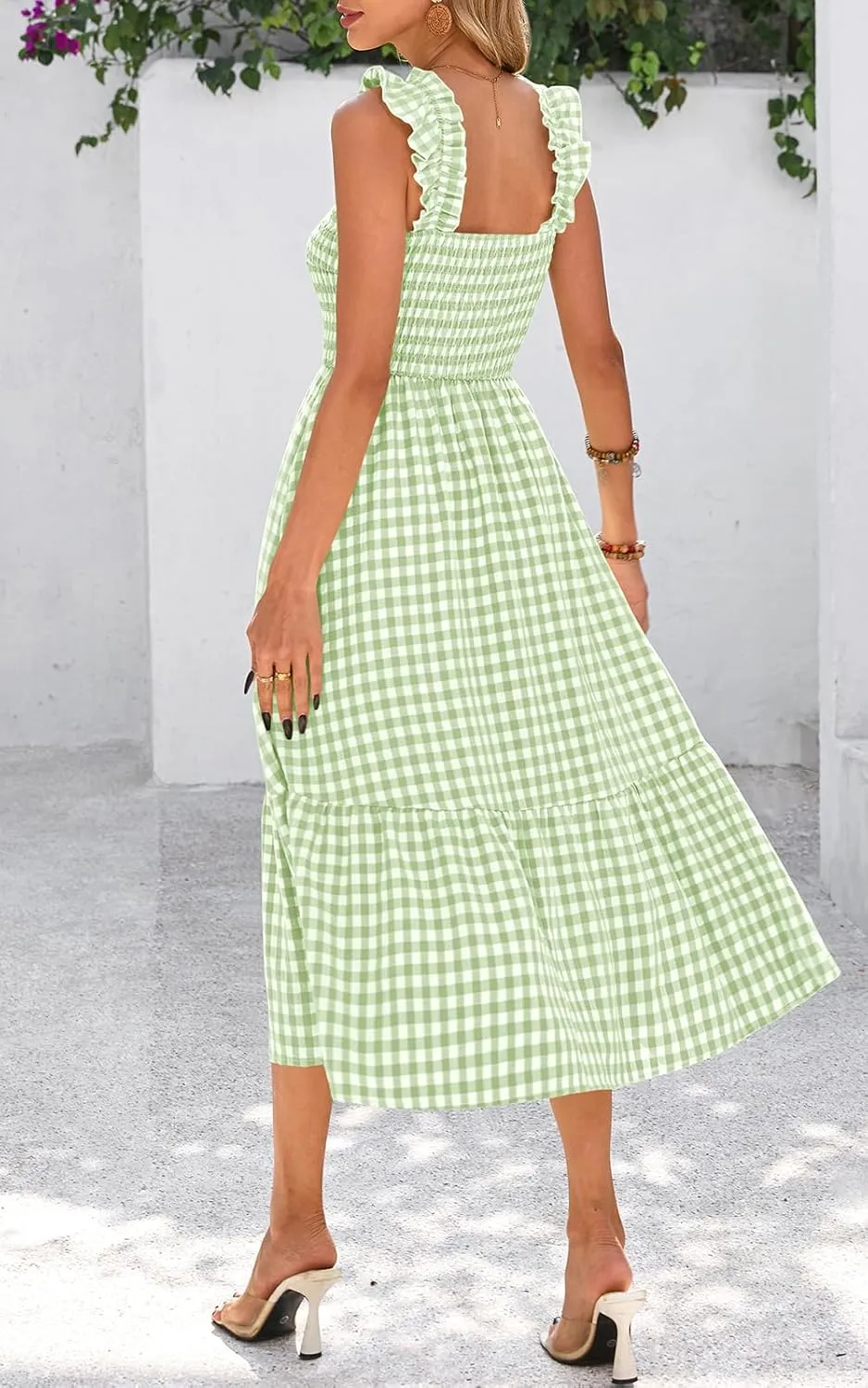PRETTYGARDEN Womens Summer Dress Casual Square Neck Ruffle Strap Gingham Smocked Midi Flowy A Line Beach Vacation Sun Dresses