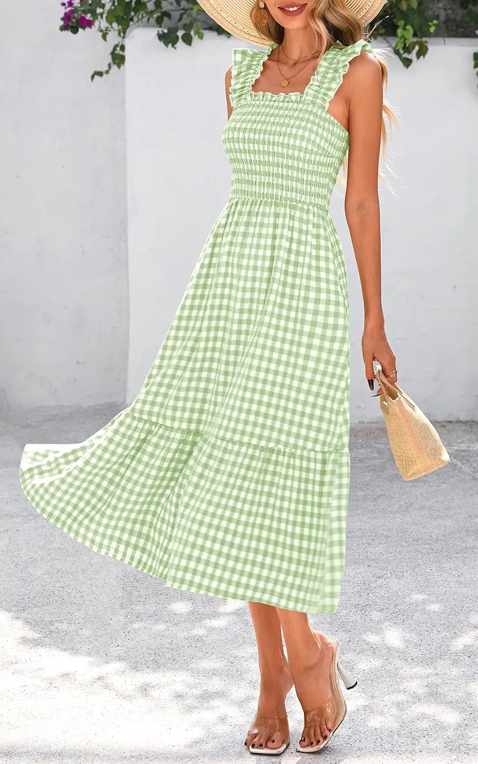PRETTYGARDEN Womens Summer Dress Casual Square Neck Ruffle Strap Gingham Smocked Midi Flowy A Line Beach Vacation Sun Dresses