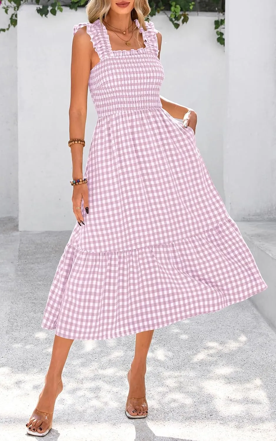 PRETTYGARDEN Womens Summer Dress Casual Square Neck Ruffle Strap Gingham Smocked Midi Flowy A Line Beach Vacation Sun Dresses