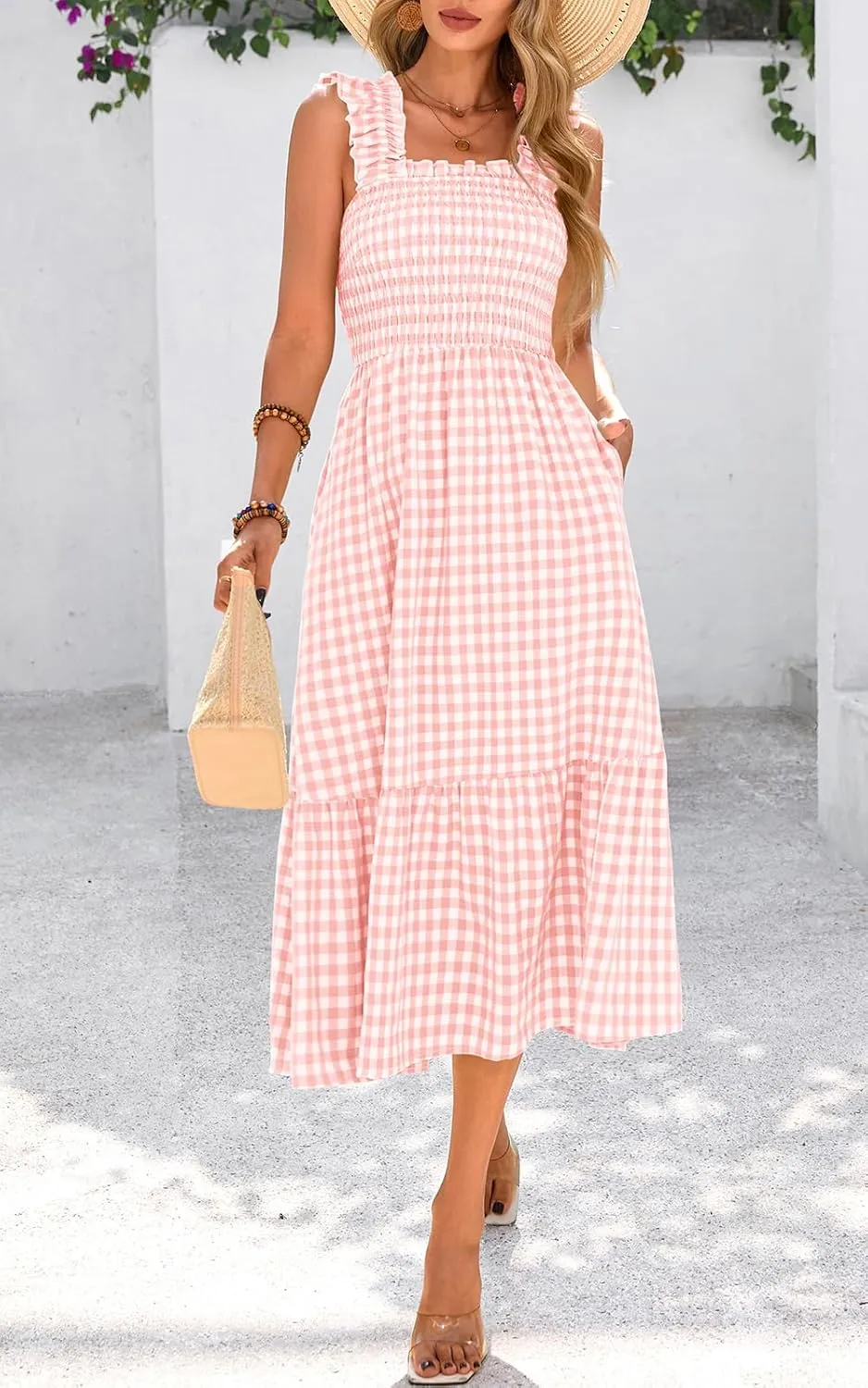 PRETTYGARDEN Womens Summer Dress Casual Square Neck Ruffle Strap Gingham Smocked Midi Flowy A Line Beach Vacation Sun Dresses