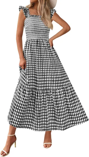 PRETTYGARDEN Womens Summer Dress Casual Square Neck Ruffle Strap Gingham Smocked Midi Flowy A Line Beach Vacation Sun Dresses