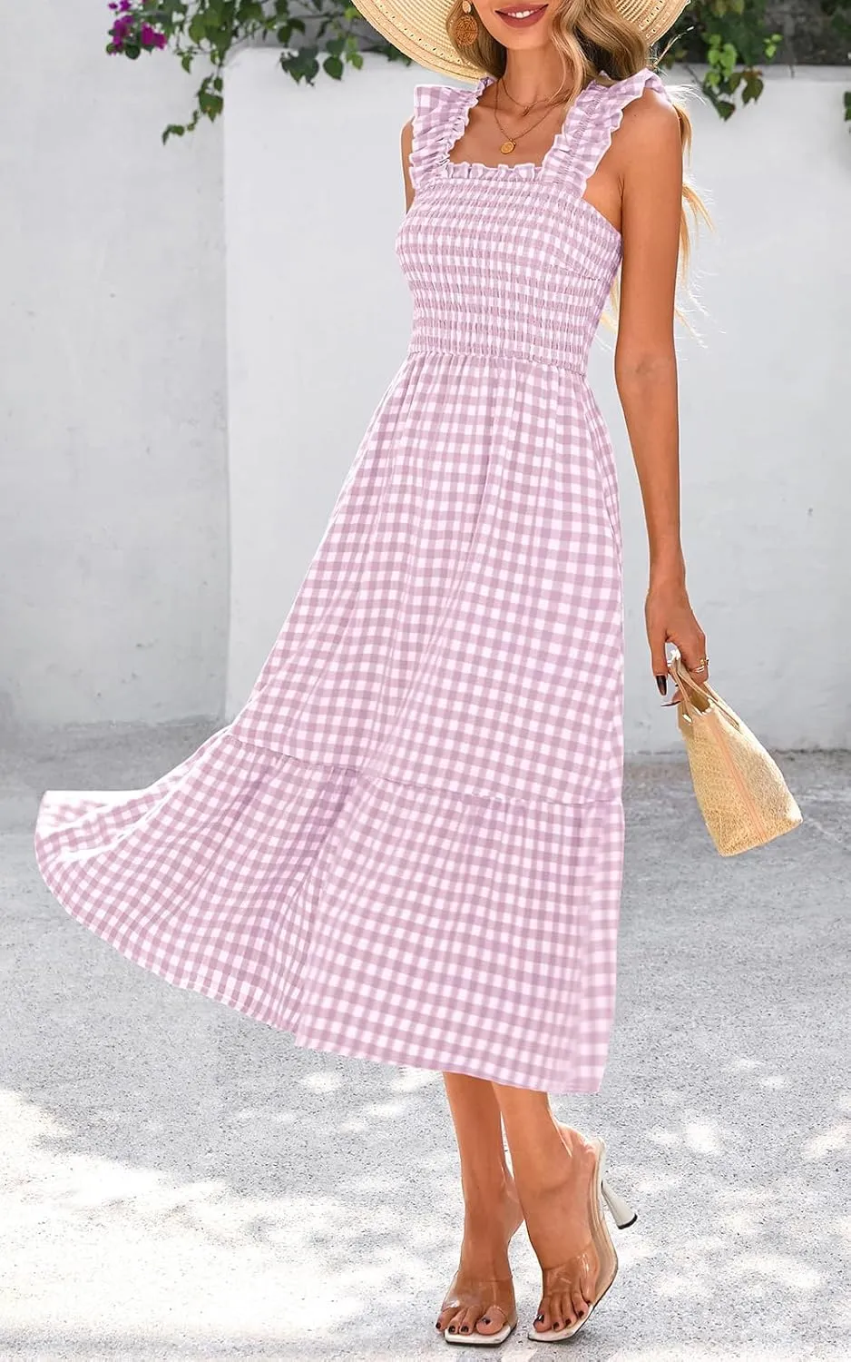PRETTYGARDEN Womens Summer Dress Casual Square Neck Ruffle Strap Gingham Smocked Midi Flowy A Line Beach Vacation Sun Dresses