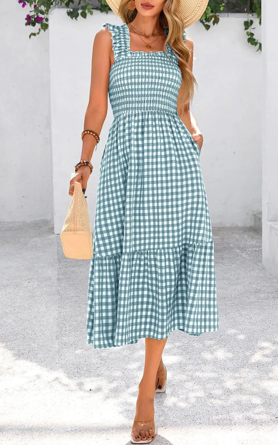 PRETTYGARDEN Womens Summer Dress Casual Square Neck Ruffle Strap Gingham Smocked Midi Flowy A Line Beach Vacation Sun Dresses