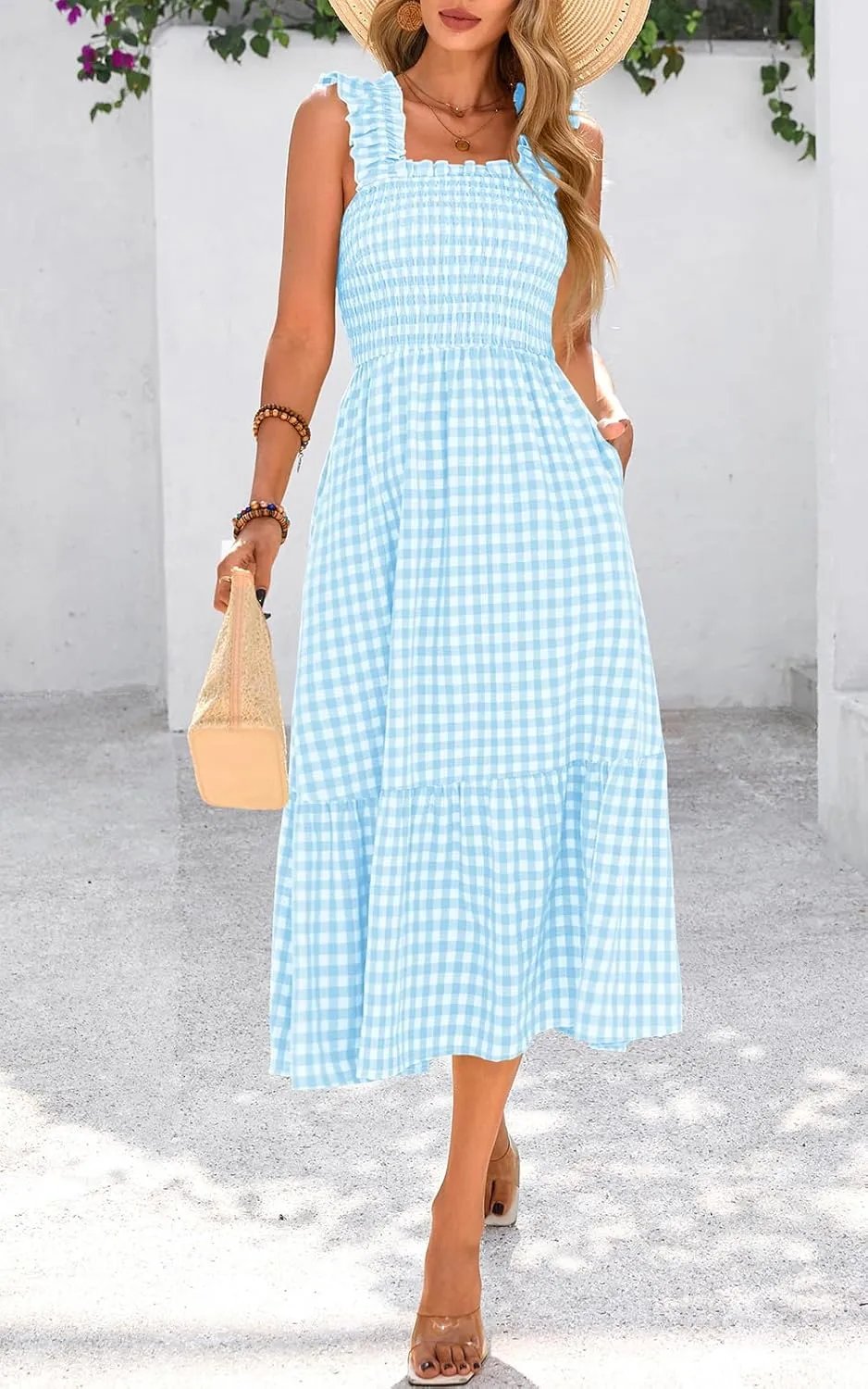 PRETTYGARDEN Womens Summer Dress Casual Square Neck Ruffle Strap Gingham Smocked Midi Flowy A Line Beach Vacation Sun Dresses