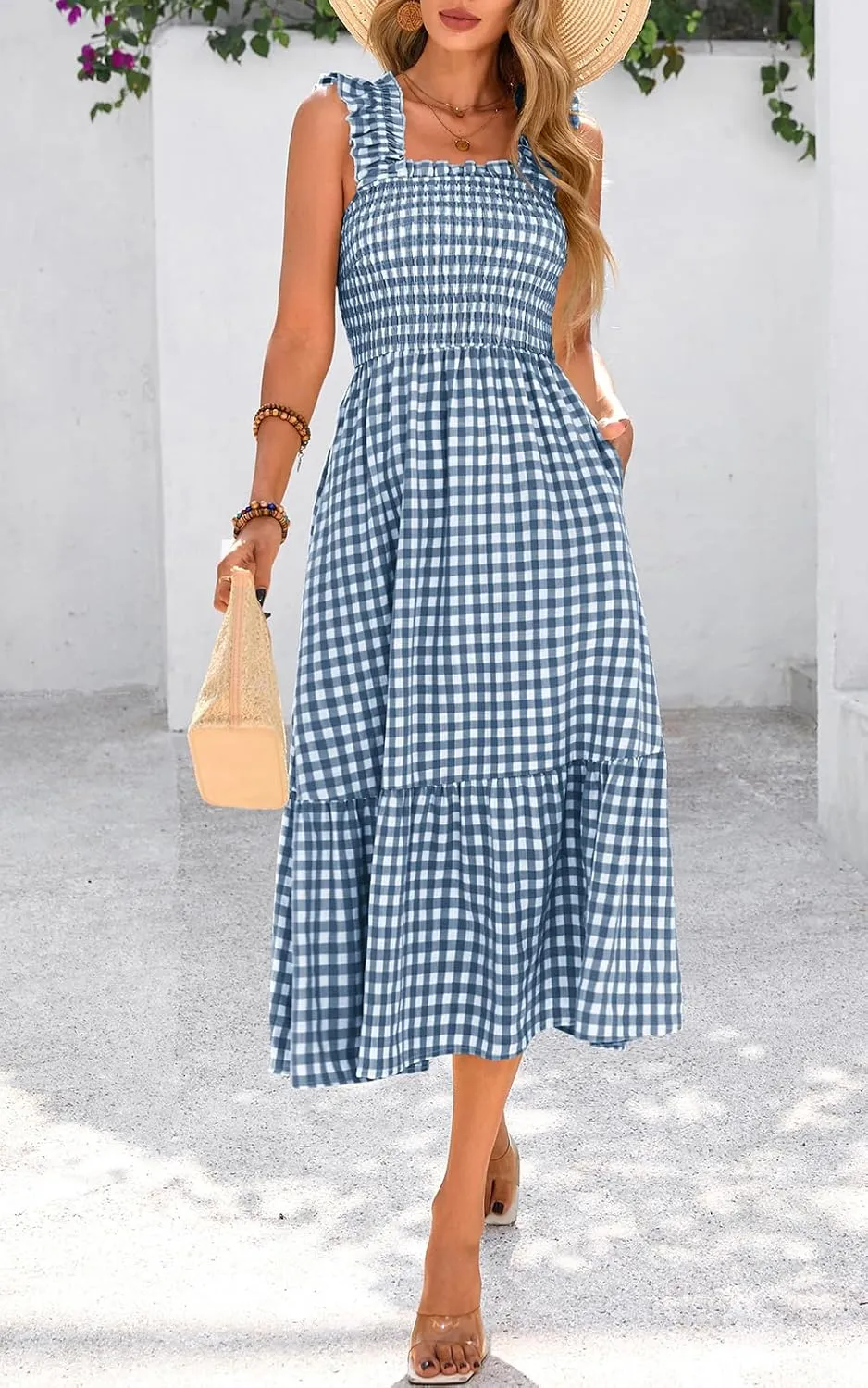 PRETTYGARDEN Womens Summer Dress Casual Square Neck Ruffle Strap Gingham Smocked Midi Flowy A Line Beach Vacation Sun Dresses