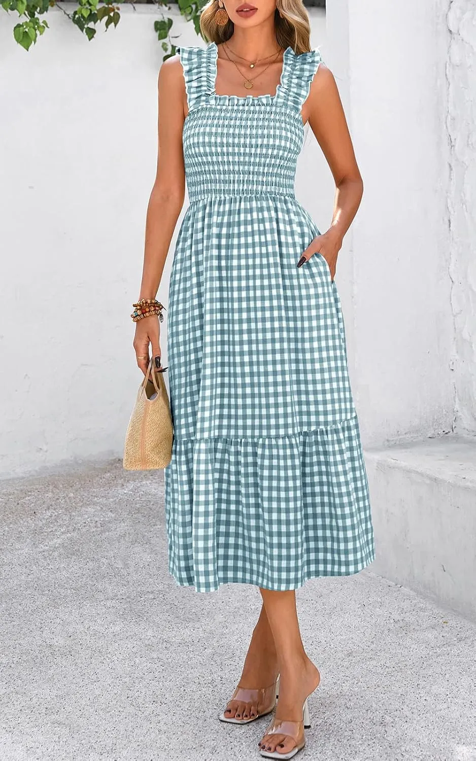 PRETTYGARDEN Womens Summer Dress Casual Square Neck Ruffle Strap Gingham Smocked Midi Flowy A Line Beach Vacation Sun Dresses
