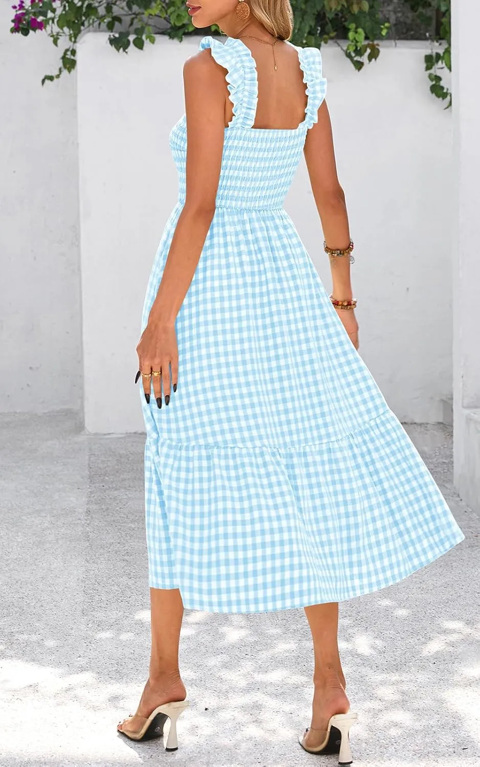PRETTYGARDEN Womens Summer Dress Casual Square Neck Ruffle Strap Gingham Smocked Midi Flowy A Line Beach Vacation Sun Dresses