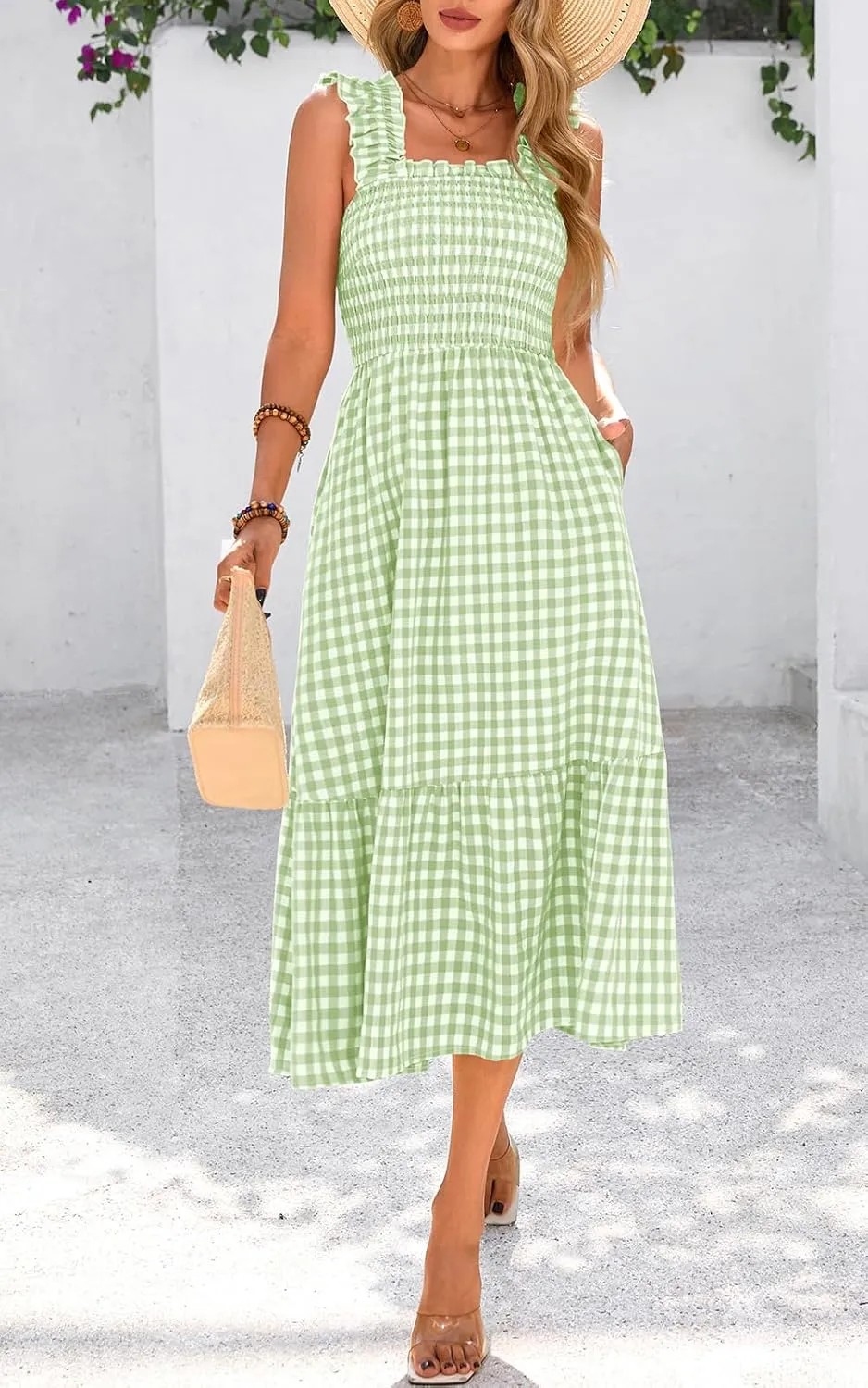 PRETTYGARDEN Womens Summer Dress Casual Square Neck Ruffle Strap Gingham Smocked Midi Flowy A Line Beach Vacation Sun Dresses